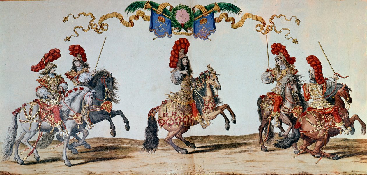 Karuselli vuodelta 1662: Kuningas Ludvig XIV ja ritarit osallistuvat vuoden 1662 karuselliin Pariisissa (kaiverrus) tekijältä Jacques I Bailly
