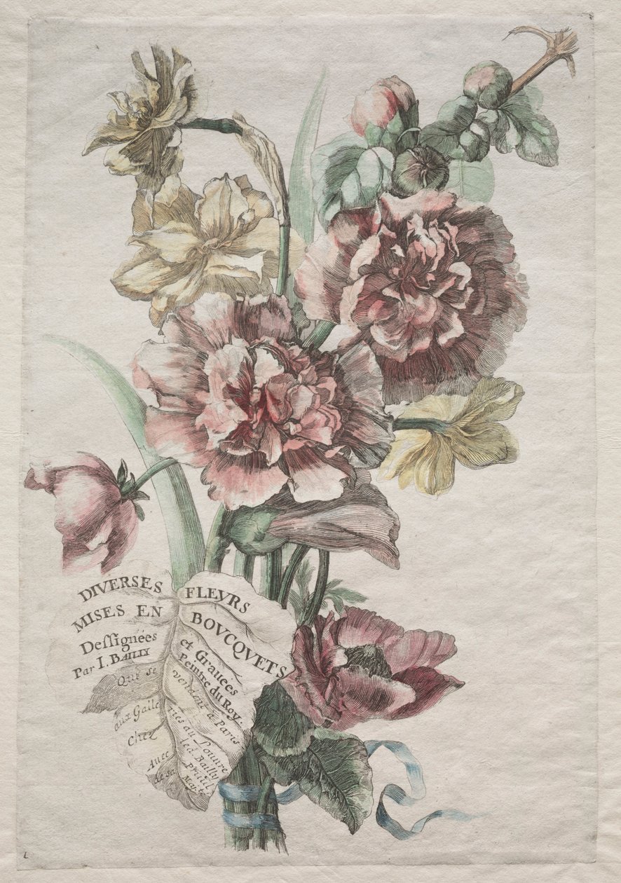 Erilaisia ​​kukkia kimppuissa: nro 1 - hollyhocks ja Narcissus, n. 1670. tekijältä Jacques I Bailly