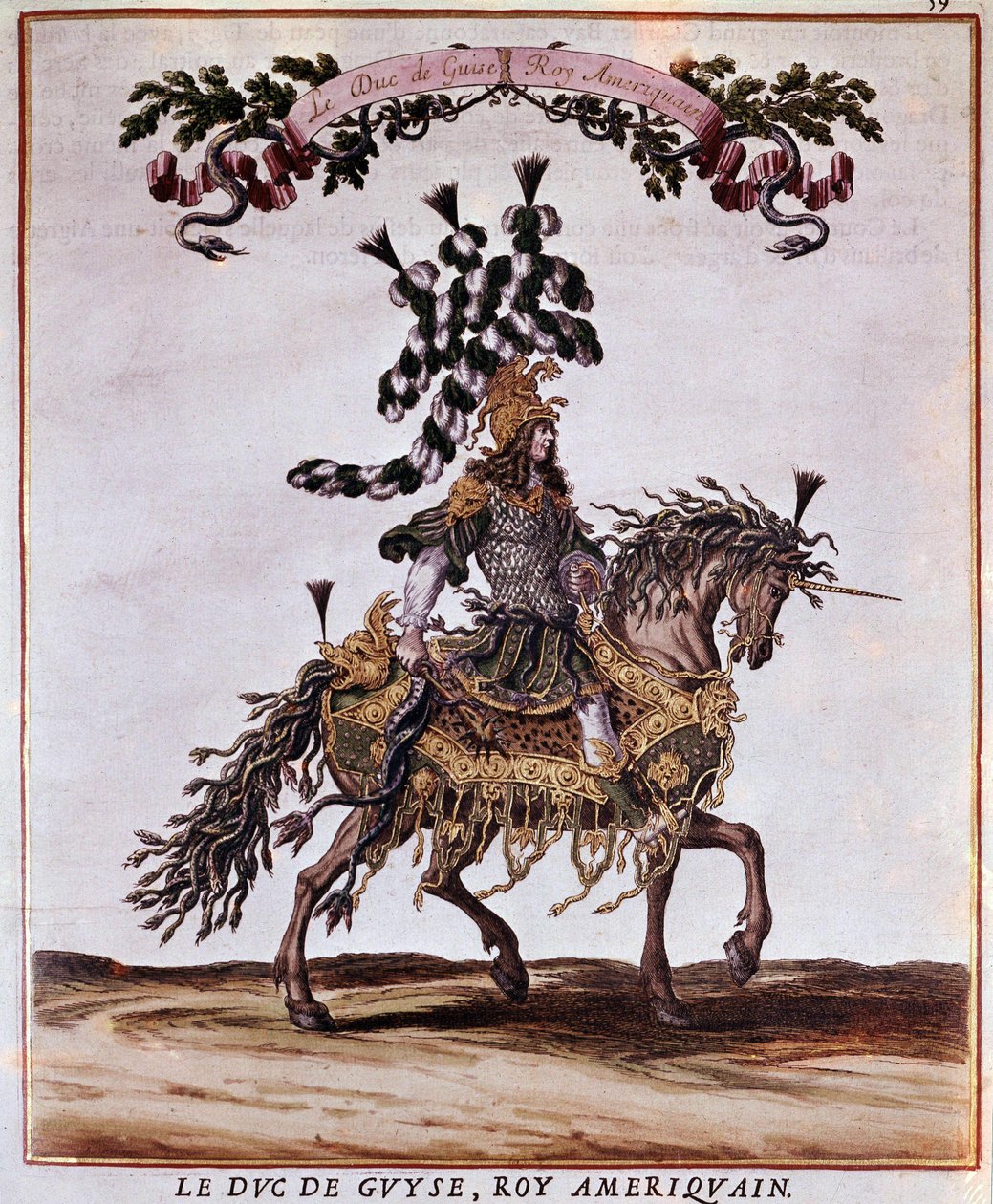 Karusellin käsikirjoitus 1662. Guisen herttua Amerikan kuninkaassa, osallistumassa vuoden 1662 karuselliin (juhla pidettiin Pariisissa Louis XIV:n aikana). Kuvitus: Jacques I Bailly (1629 - 1679). tekijältä Jacques I Bailly