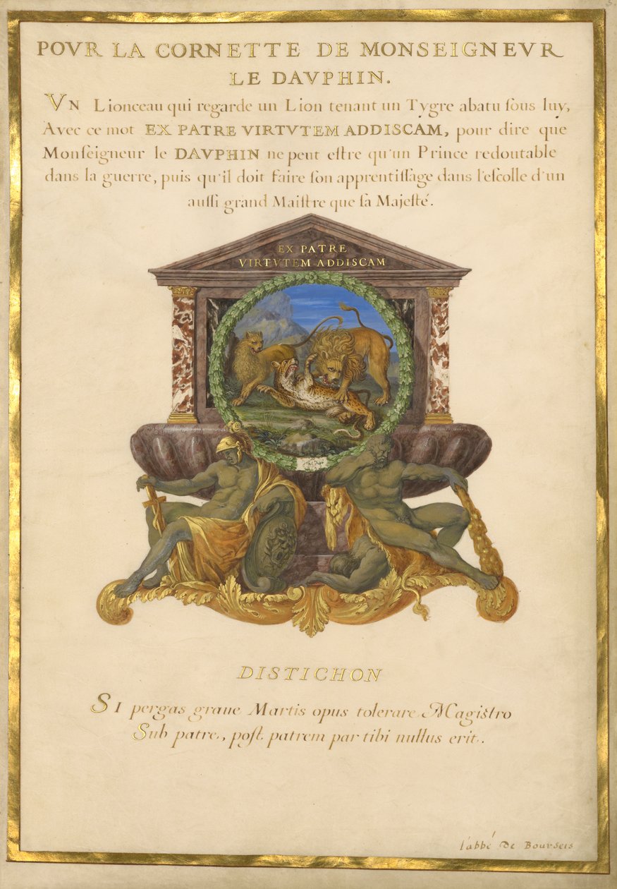 Ms. 11 (4) f.5, Ludvig XIV:n tunnus, n. 1663-1668 (guassi ja kulta pergamentilla) tekijältä Jacques I Bailly