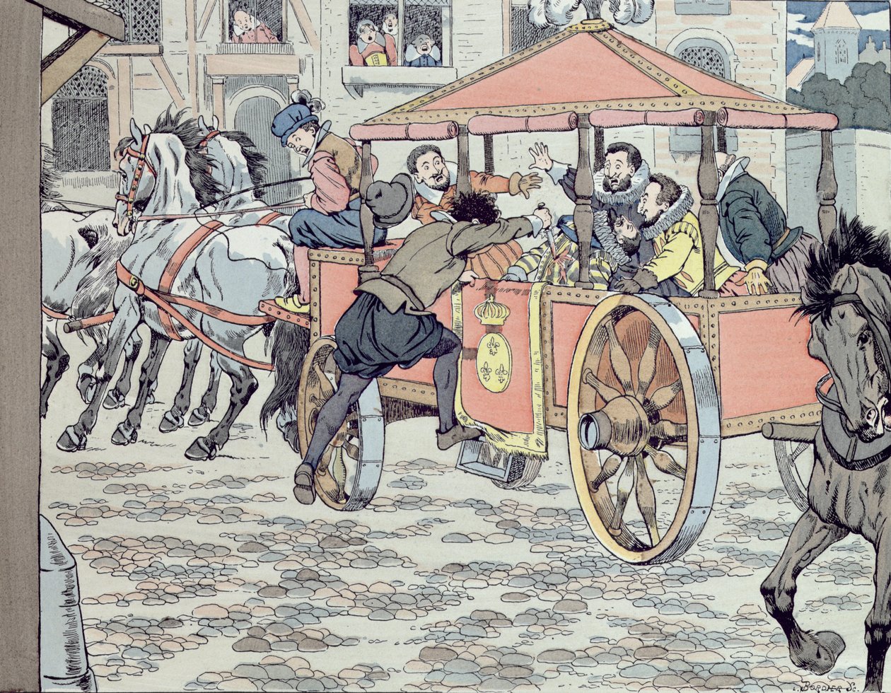 Henri IV:n salamurha Francois Ravaillacin toimesta rue de la Ferroneriella 14. toukokuuta 1610, noin 1900 tekijältä Jacques Marie Gaston Onfray de Breville (Job)