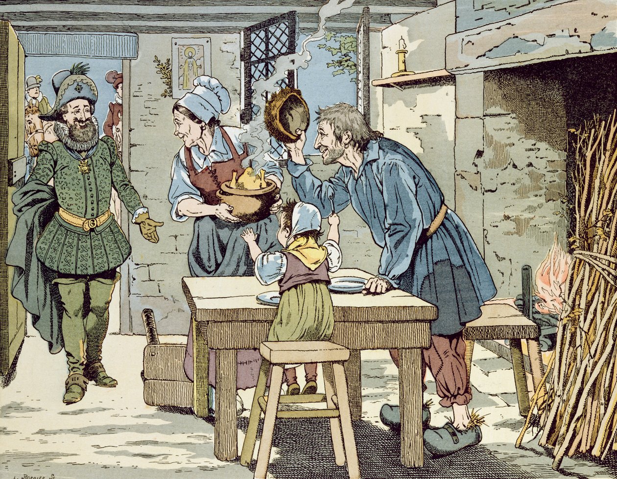 Henri IV, köyhien kuningas, joka haluaa kaikille alamaisilleen kanan sunnuntai-illalliseksi, n. 1900 tekijältä Jacques Marie Gaston Onfray de Breville (Job)
