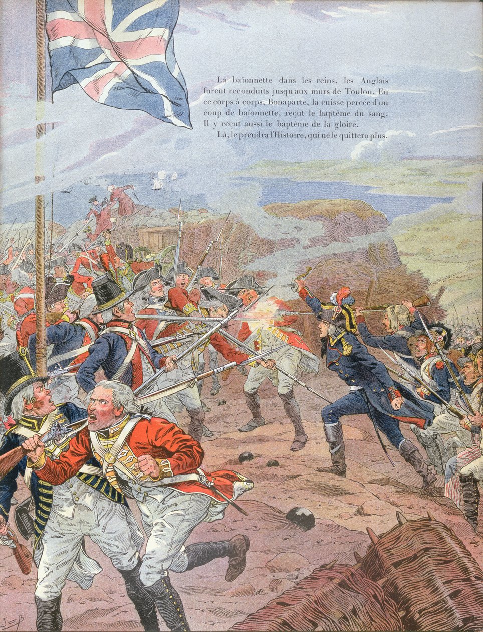 Napoleon (1769-1821) Toulonin piirityksessä 17. joulukuuta 1793, kuvitus G. Montorgueilin teoksesta "Bonaparte", 1910 tekijältä Jacques Marie Gaston Onfray de Breville (Job)