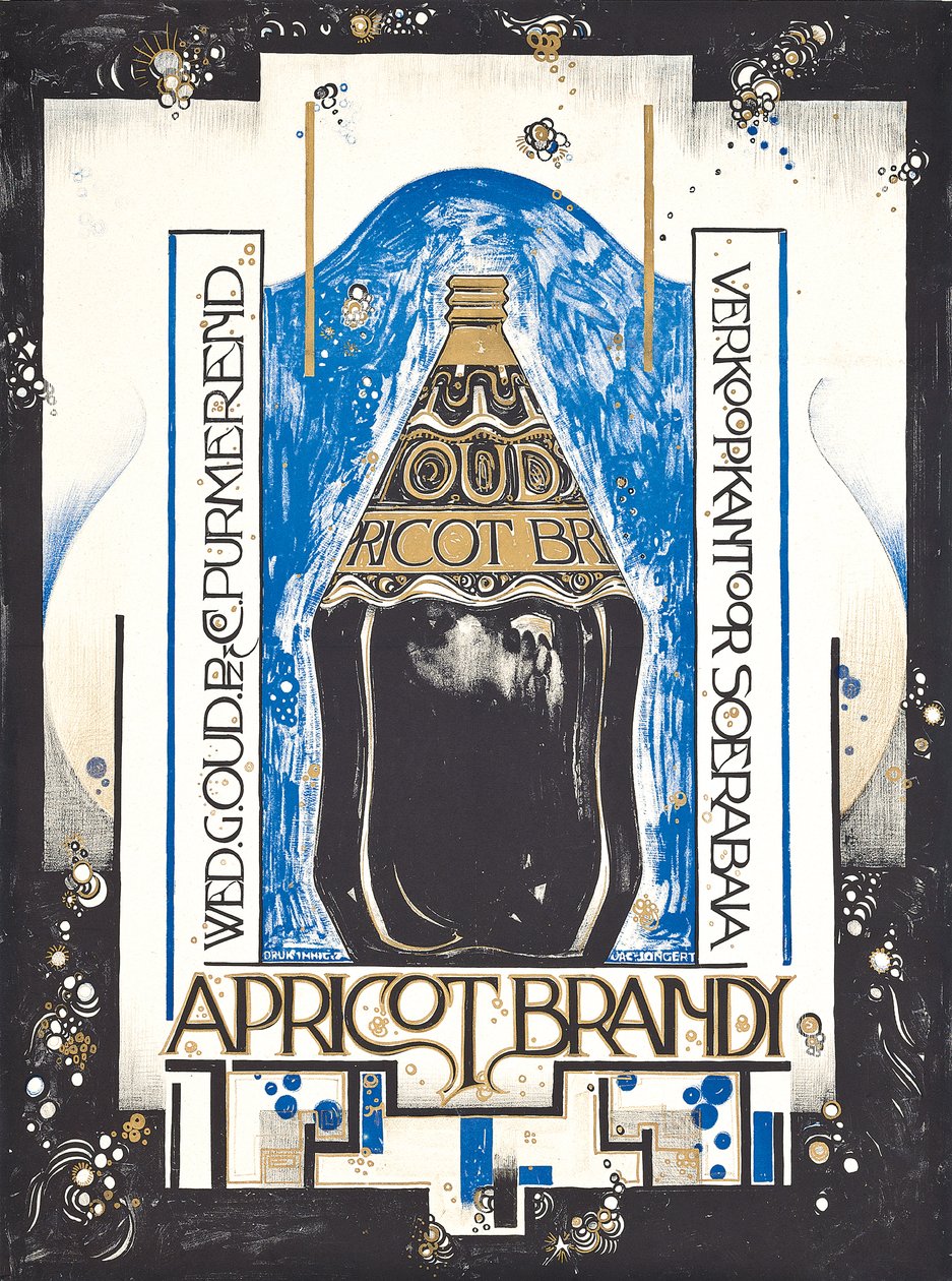 Aprikoosibrändiä mainostava juliste, viini- ja sherrymyyjä Oudille, n.1920 (värilitho) tekijältä Jacques Jongert