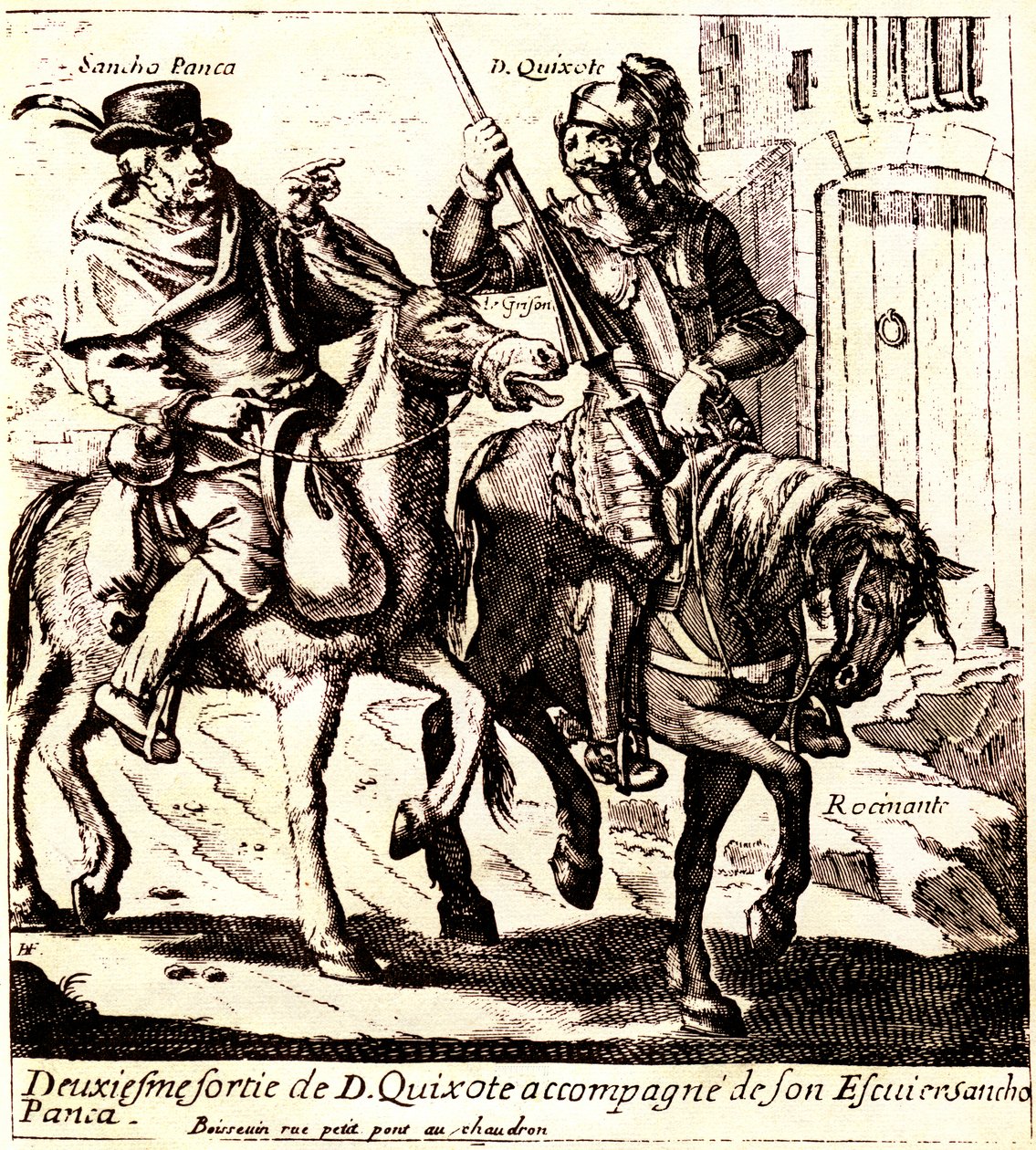Don Quijote Rossinanten selässä, seuranaan Sancho Panca aasinsa Grisonin selässä, noin 1640 (kuva). tekijältä Jacques Lagniet
