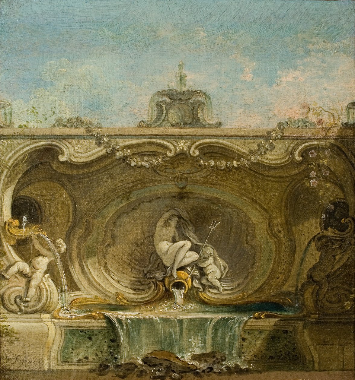 Suihkulähteen suunnittelu. Naiad ja Putto, c. 1740. tekijältä Jacques Lajoue de