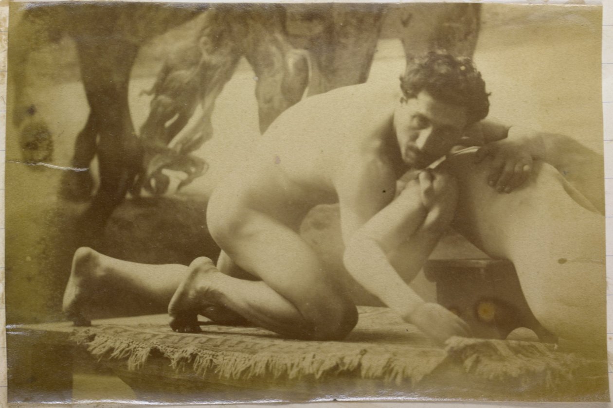 Tutkimus lattialla makaavasta ja mallinuken kanssa painivasta miesalastomallista Jacques de Lalaingin studiossa, mahdollisesti Painit-maalauksen esiselvitys tekijältä Jacques Lalaing (attributed to)