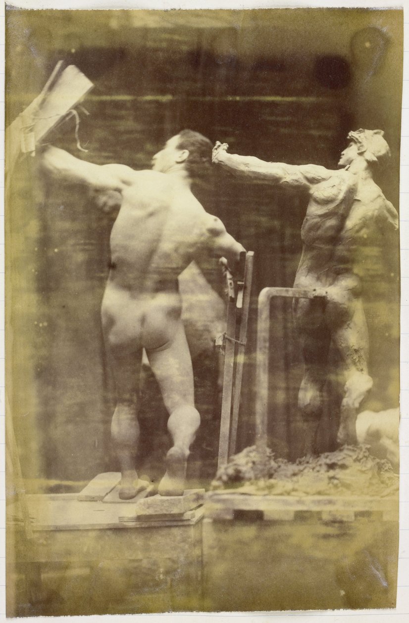 Jacques de Lalaingin studiossa tutkitaan miesalastomallista, selästä katsottuna ja käsin telineessä, kipsimallin vieressä täsmälleen samassa asennossa tekijältä Jacques Lalaing (attributed to)