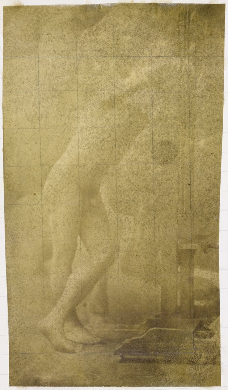 Jacques de Lalaingin studiossa tutkitaan miesalastonta mallia, joka seisoo ja nojaa telinettä vasten tekijältä Jacques Lalaing (attributed to)