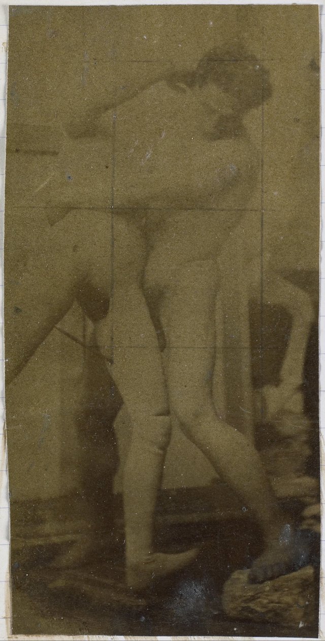Jacques de Lalaingin studiossa tutkitaan miesalastonta mallia, seisomassa ja painimassa mannekiinin kanssa, mahdollisesti Painit-maalauksen esiselvitys tekijältä Jacques Lalaing (attributed to)