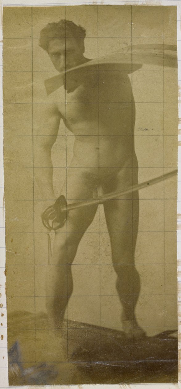Tutkimus miesmallista, miekka ja kilpi käsissä seisovasta alastonmallista Jacques de Lalaingin studiossa tekijältä Jacques Lalaing (attributed to)