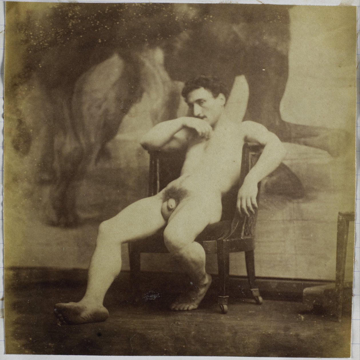 Tutkimus miespuolisesta alastonmallista, istuu tuolissa, Jacques de Lalaingin studiossa tekijältä Jacques Lalaing (attributed to)