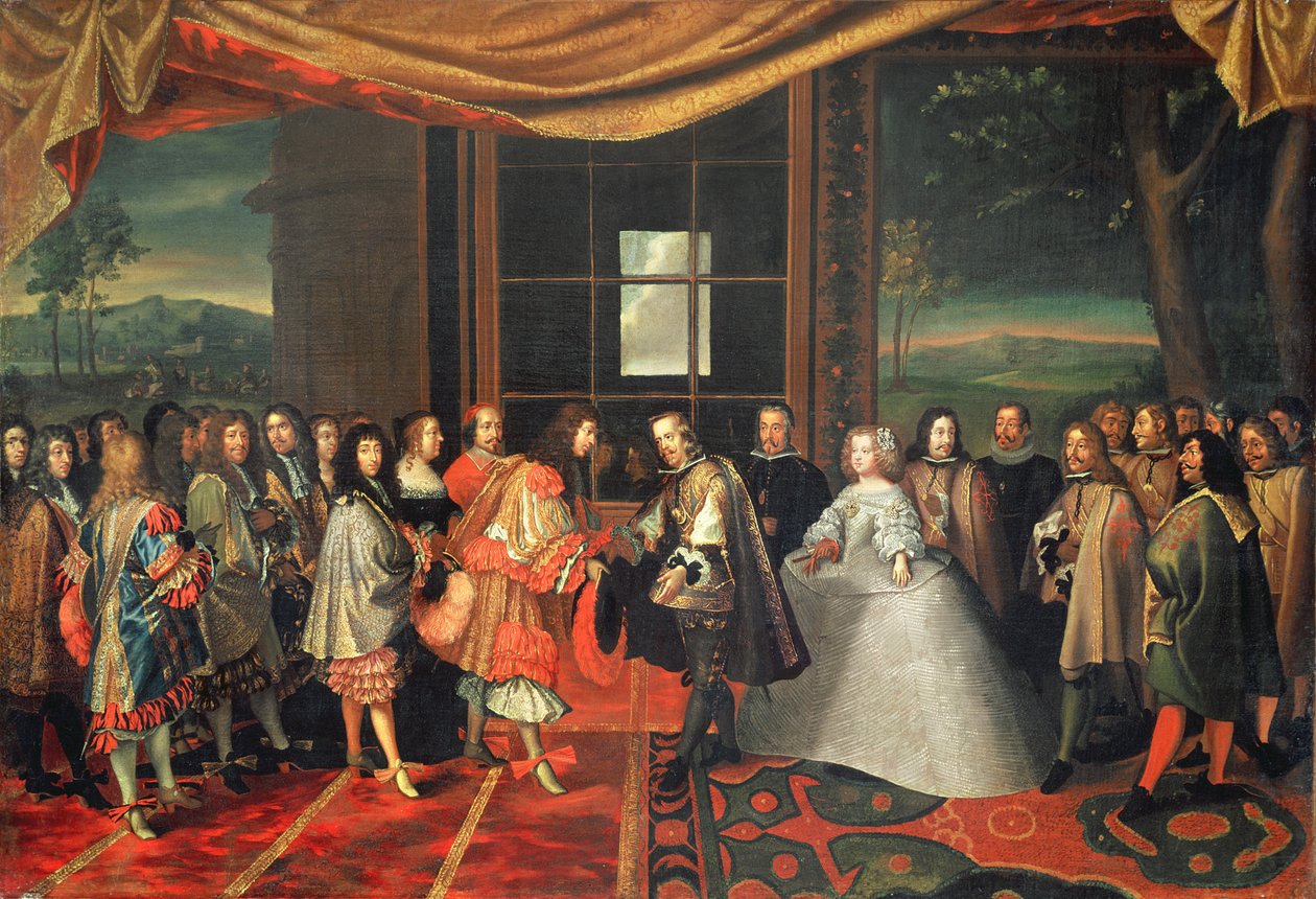 Ludvig XIV:n ja Philippe IV:n tapaaminen Isle des Faisansilla, 7. marraskuuta 1659 (öljy kankaalle) tekijältä Jacques Laumosnier