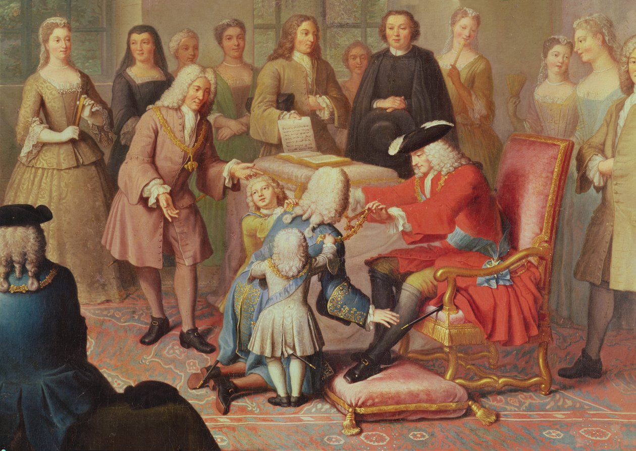 Espanjalainen Philip V antaa kultavillan marsalkkalle, joka on Ranskan Espanjan-suurlähettiläs vuonna 1724 tekijältä Jacques Laumosnier