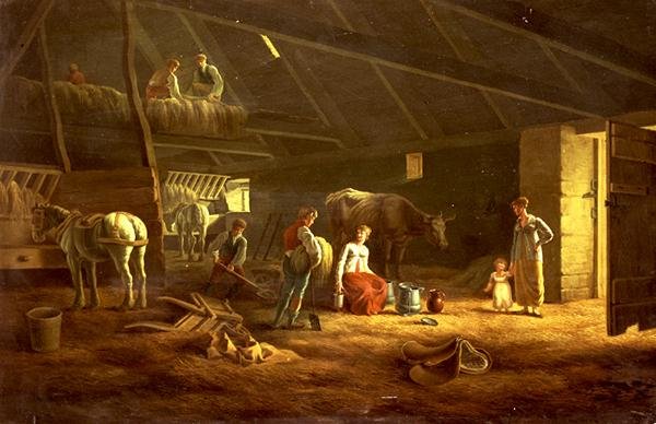 Lypsätyttö, maanviljelijät ja kynnät hevoset navetassa tekijältä Jacques Laurent (circle of) Agasse