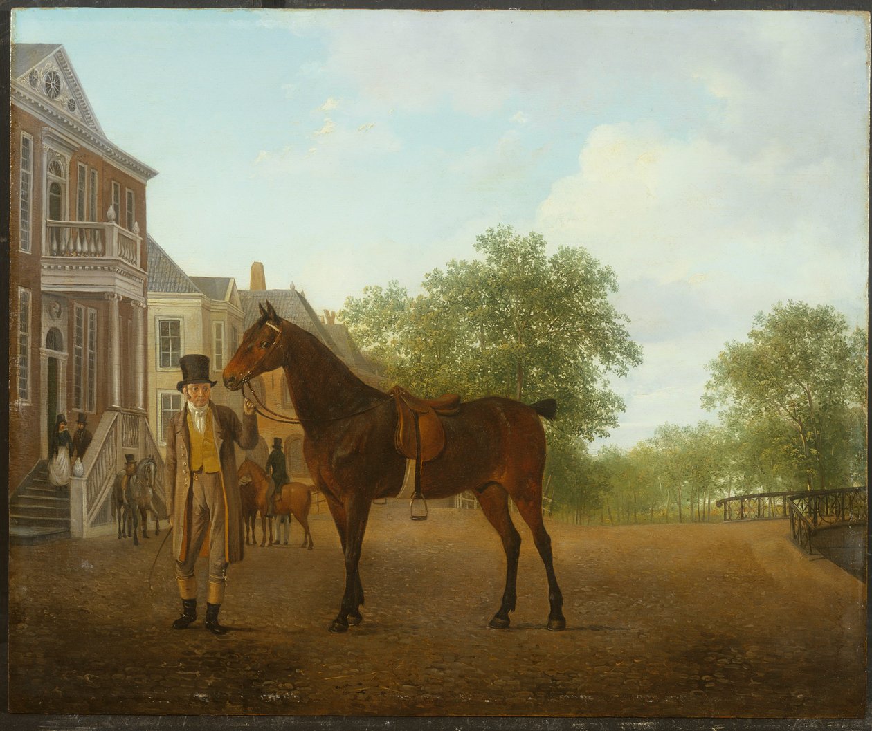 Herrasmies pitelee satuloitua hevosta kadulla kanavan varrella tekijältä Jacques Laurent Agasse
