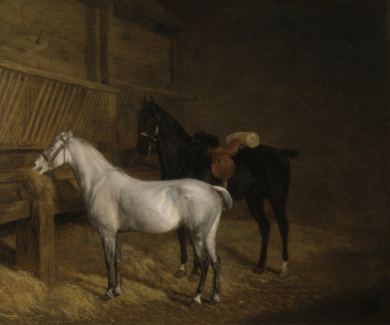 Harmaa poni ja musta laturi tallissa (öljy kankaalle) tekijältä Jacques Laurent Agasse