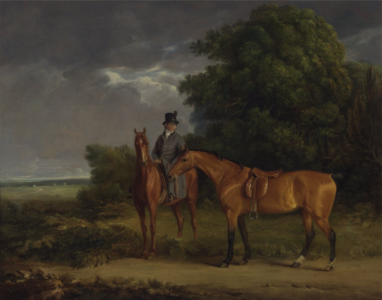 Sulhanen kastanjanmetsästäjälle kiinnitettynä, hän pitää lahdenmetsästäjää käsissään (öljy kankaalle) tekijältä Jacques Laurent Agasse