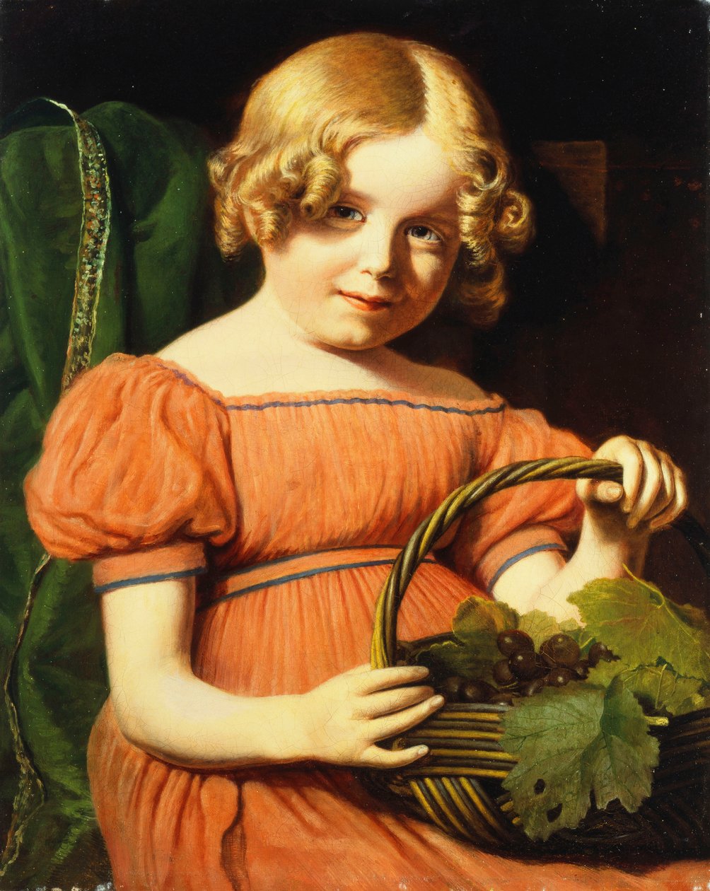 Louisa Boothin muotokuva puolipitkänä istuvassa korallinpunaisessa mekossa, jossa on sininen punos ja jossa on viinikori, tekijältä Jacques Laurent Agasse