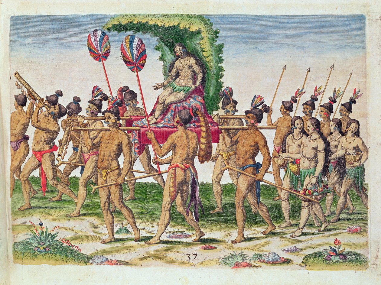 Morsian kuljetetaan päälliköksi, teoksesta "Brevis Narratio...", kaivertanut Theodore de Bry (1528-98), julkaistu Frankfurtissa, 1591 (värillinen kaiverrus) tekijältä Jacques Le Moyne