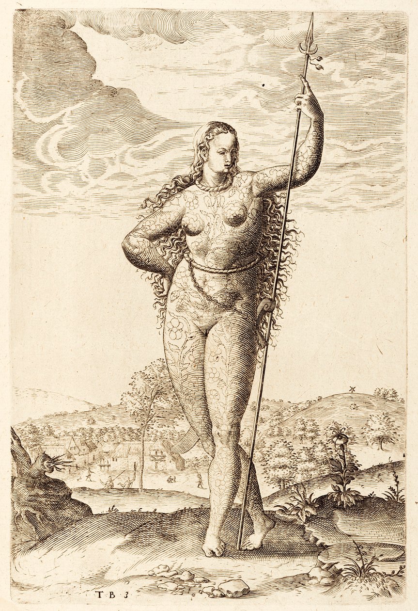 Nuori Pictish Woman, c1585 (bw-kaiverrus) tekijältä Jacques Le Moyne