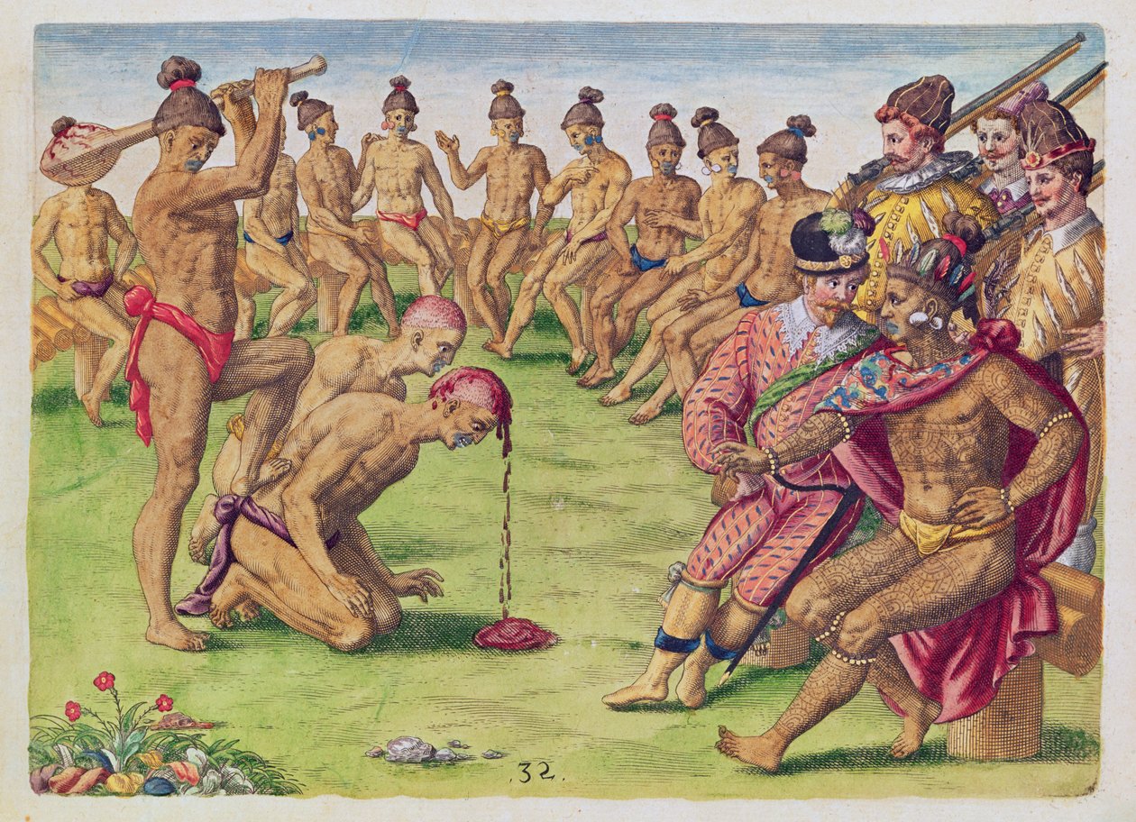 Kuinka vartijaa kohdeltiin huolimattomuudesta, "Brevis Narratio...", kaivertanut Theodore de Bry (1528-98), julkaistu Frankfurtissa, 1591 tekijältä Jacques Le Moyne