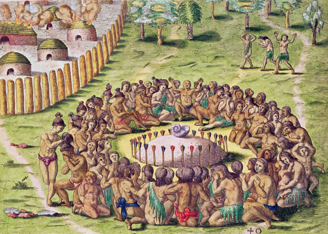 Miten päällikkö haudataan, teoksesta "Brevis Narratio...", kaiverrettu Theodore de Bry 1528-98), julkaistu Frankfurtissa 1591. tekijältä Jacques Le Moyne