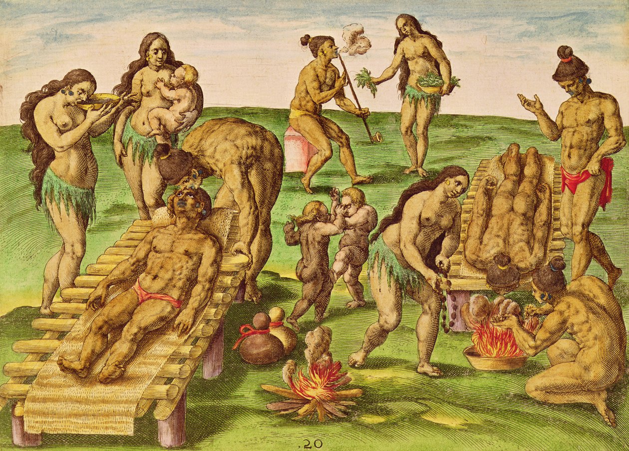 Kuinka intiaanit kohtelevat sairaita, Theodore de Bryn (1528-98) kaivertamasta Brevis Narratiosta, joka julkaistiin Frankfurtissa, 1591 tekijältä Jacques Le Moyne