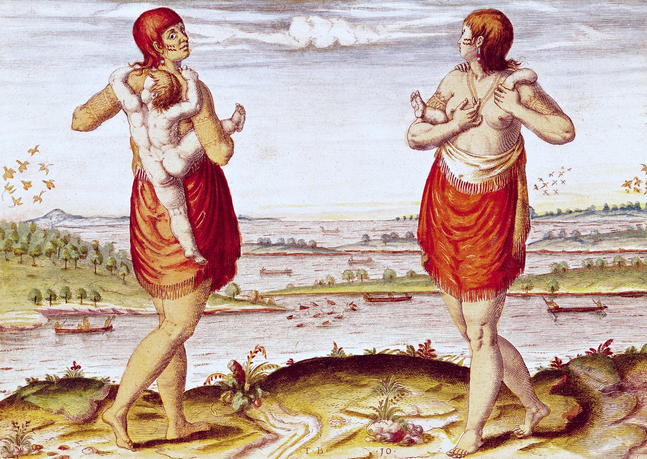 Kuinka Dasamonquepeucin naiset kantavat lapsiaan, teoksesta "Admiranda Narratio...", kaiverrus Theodore de Bry (1528-88) 1585-88 tekijältä Jacques Le Moyne