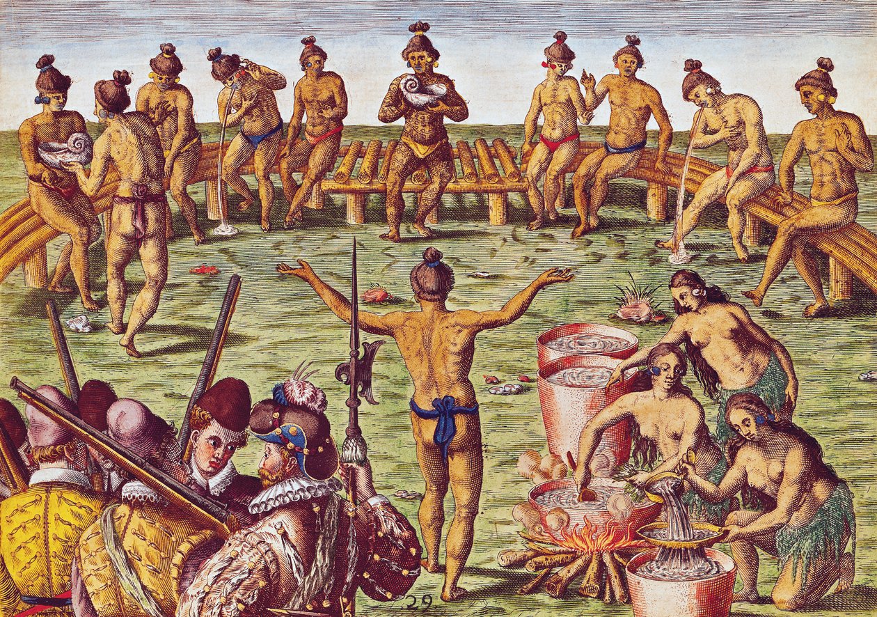 Kuinka Floridan asukkaat tekivät päätöksiä tärkeissä asioissa, Theodore de Bryn (1528-88) 1563 kaivertamasta Brevis Narratiosta. tekijältä Jacques Le Moyne