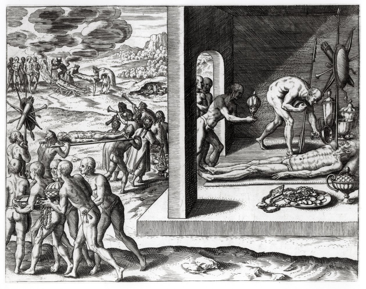 Intialaiset hautajaisrituaalit, "Americae", kirjoittanut ja kaivertanut Theodor de Bry (1525-75), 1602 tekijältä Jacques Le Moyne