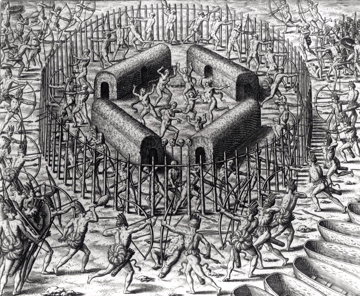 Johannes Staden auttaa puolustamaan hänet vanginnutta intiaania Tuppin Tkinsiä vastaan, kaiverrettu Theodore de Bry (1528-98), kirjasta "Americae", 1590 tekijältä Jacques Le Moyne