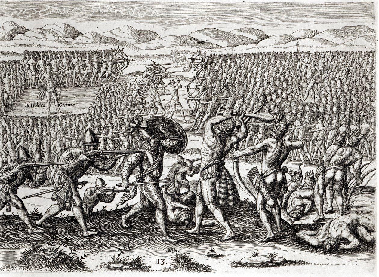 Outina voittaa Patanoun ranskalaisten avulla, Florida, 1564, Theodore de Bryn (1528-98) kaiverruksesta "Brevis Narratio" 1591 (katso myös 223425 ja 173458). tekijältä Jacques Le Moyne