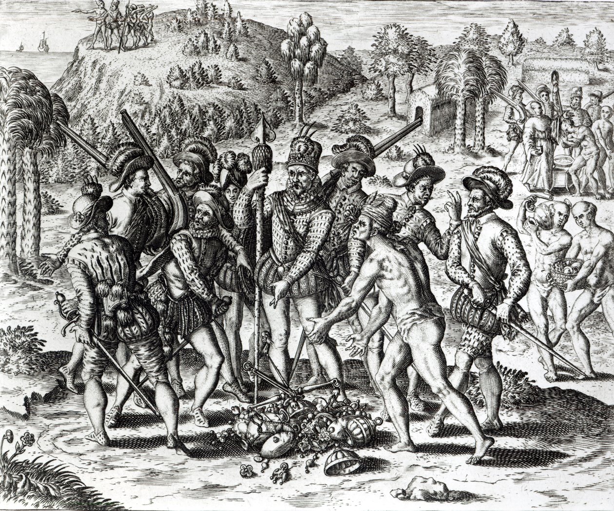 Espanjalaiset vastaanottamassa lahjoja intialaisista, "Historia", 1598, kaiverrus Theodor de Bry (1528-98) tekijältä Jacques Le Moyne