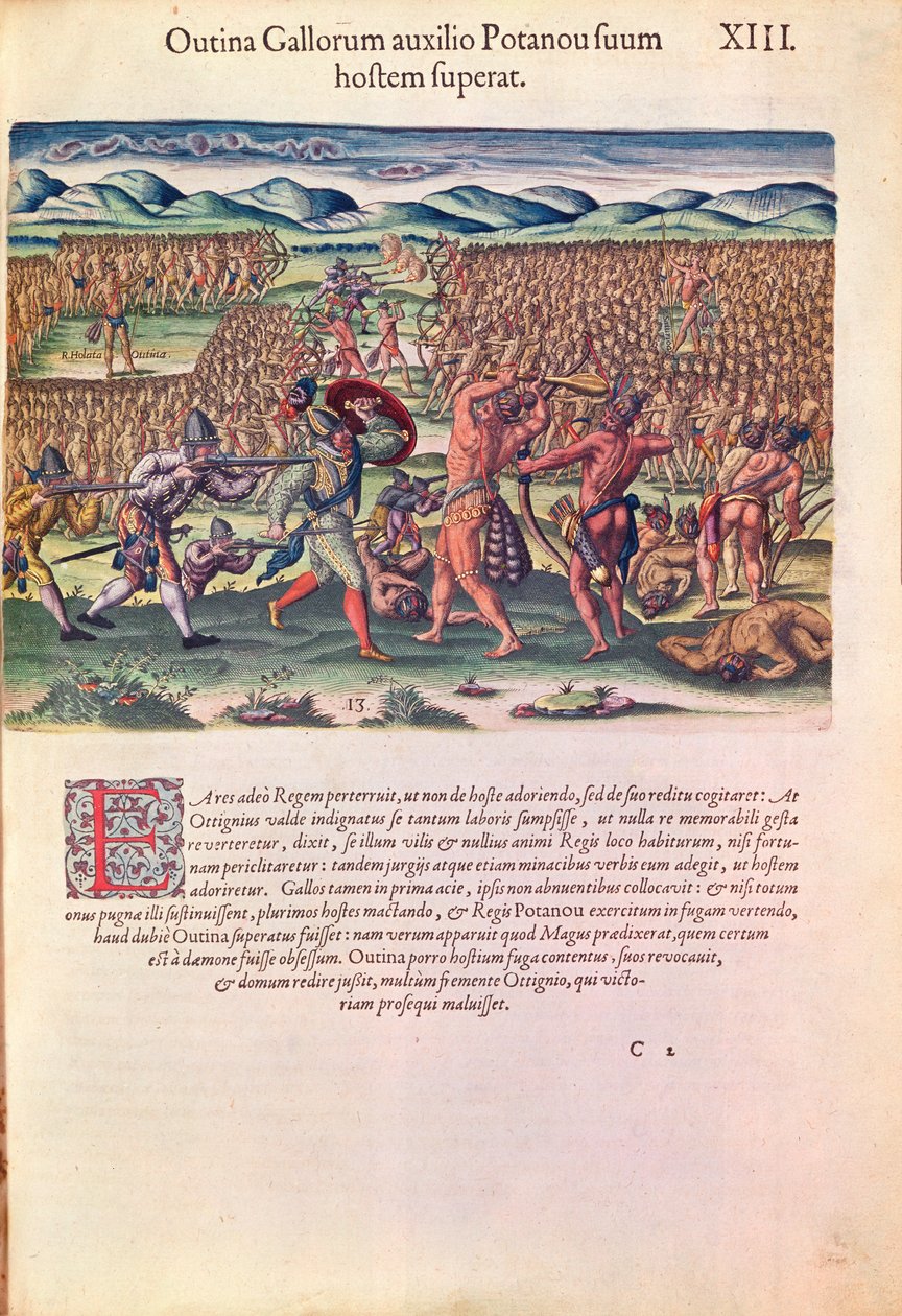 The French Help the Indians in Battle, Theodore de Bryn (1528-98) kaiverruksesta, joka julkaistiin Frankfurtissa vuonna 1591 (katso myös 111679) Brevis Narratio. tekijältä Jacques Le Moyne