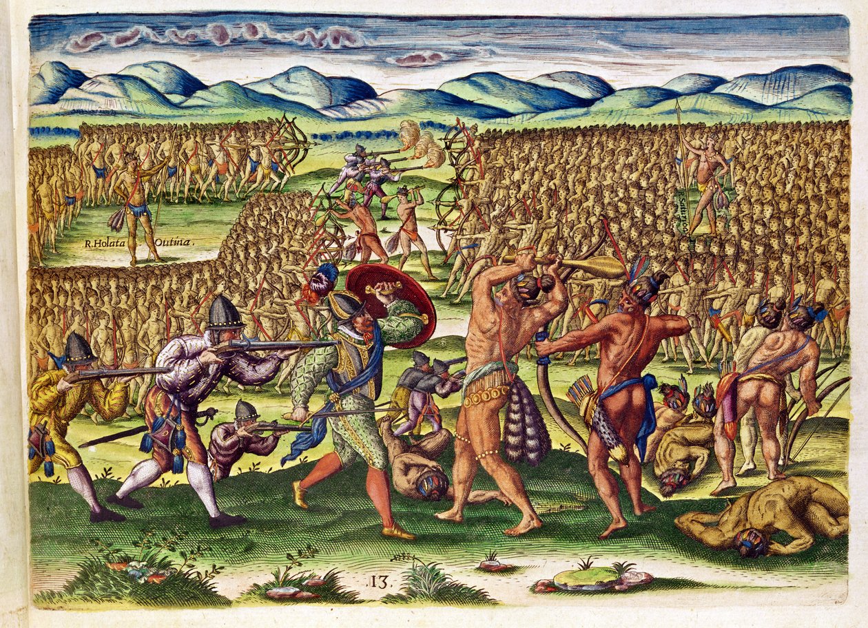 The French Help the Indians in Battle, Theodore de Bryn (1528-1598) kaiverruksesta, joka julkaistiin Frankfurtissa vuonna 1591 (katso myös 173458 ja 111679) Brevis Narratiosta. tekijältä Jacques Le Moyne