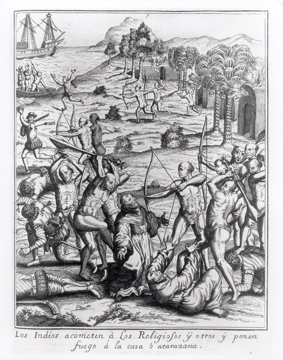 Intiaanit hyökkäämässä pappeja ja muita vastaan ja sytyttävät heidän talonsa, kaiverrus "Americae", kirjoittanut ja kaivertanut Theodor de Bry (1528-98) tekijältä Jacques Le Moyne