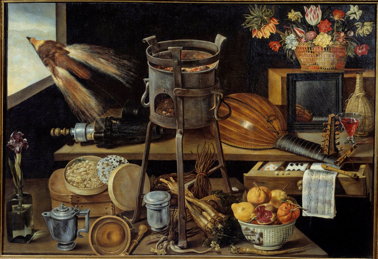 Viisi aistia ja neljä elementtiä jotkut esineet kantavat Richelieun perheen aseita. Asetelma viinistä, hedelmistä, kukista, soittimista. Jacques Linardin (1600-1645) maalaus 1627 su. 1,05x1,53 m tekijältä Jacques Linard