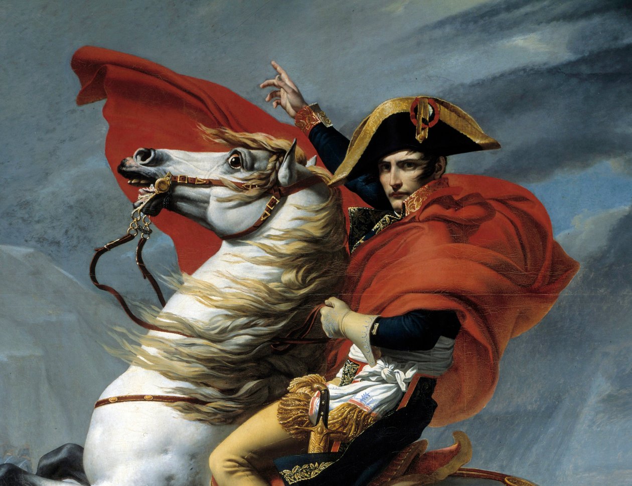 Ensimmäinen konsuli Napoleon Bonaparte (1769-1821) ylitti Alpit Grand Saint-Bernardin solalla toukokuussa 1800 Detail. Jacques Louis Davidin (1748-1825) maalaus 1800-luvun Pariisissa, Musee de l