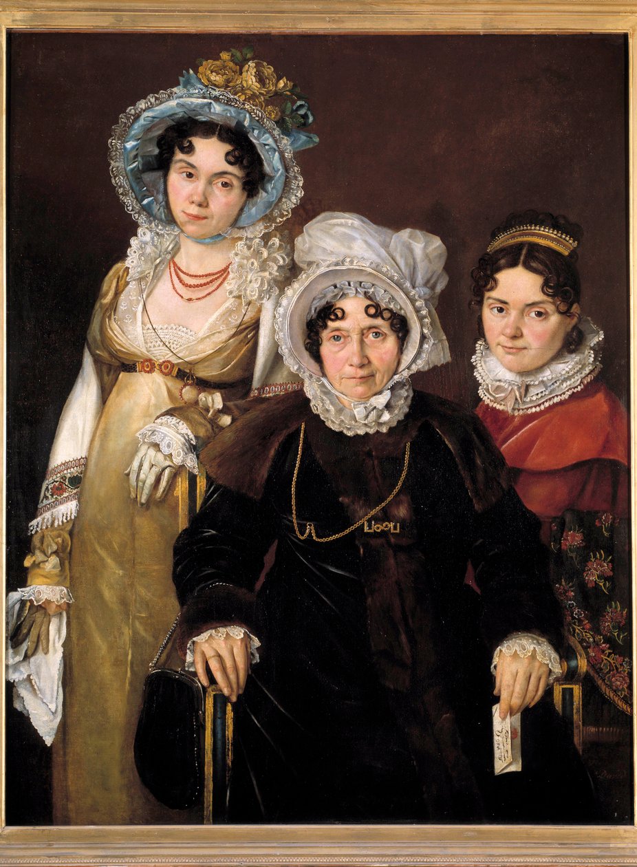 Madame de Tangryn ja hänen tyttäriensä muotokuva (Isabelle Rose van Tieghemin, Anselme Morel de Tangryn vaimon, Kortrijkin Echevinin ja kahden hänen tyttärensä muotokuvat). 1800-luvun ranskalaisen koulukunnan maalaus, tehty vuoden 1816 jälkeen. Maalaus alu tekijältä Jacques Louis (attr.to) David