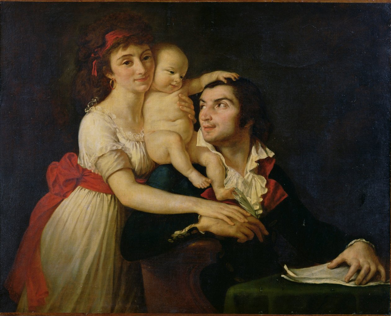Camille Desmoulins (1760-94) hänen vaimonsa Lucile (1771-94) ja heidän poikansa Horace-Camille (1792-1825) n. 1792 (öljy kankaalle) tekijältä Jacques Louis (workshop of) David