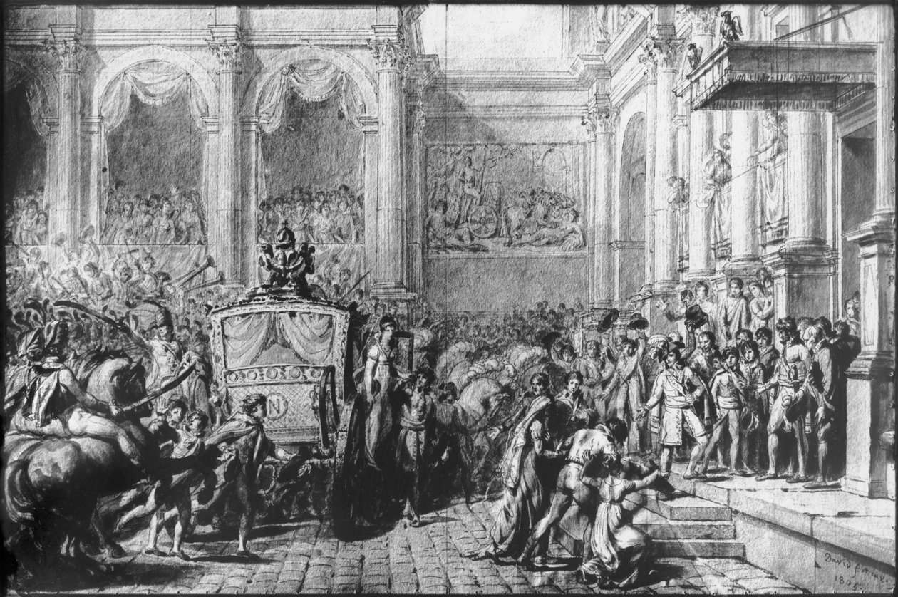 Paluu vihkimisestä, Napoleon saapuu Hotel de Villeen, Pariisi, 1805 (kynä ja musta muste ja harmaa pesu ja grafiitti paperilla) tekijältä Jacques Louis David