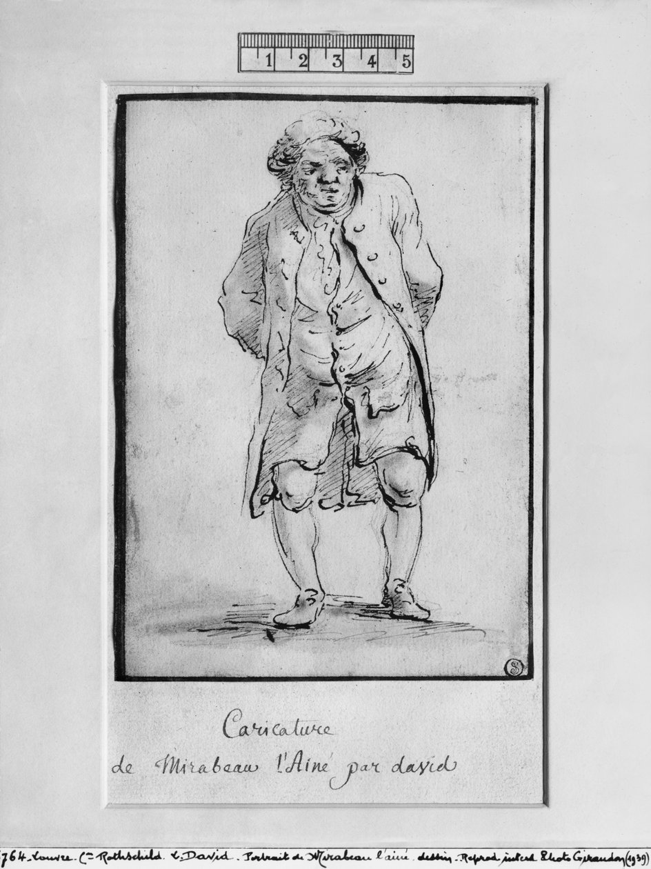 Karikatyyri Honore Gabriel Riquetista, Comte de Mirabeau (kynä ja ruskea muste ja harmaa pesu paperille) tekijältä Jacques Louis David