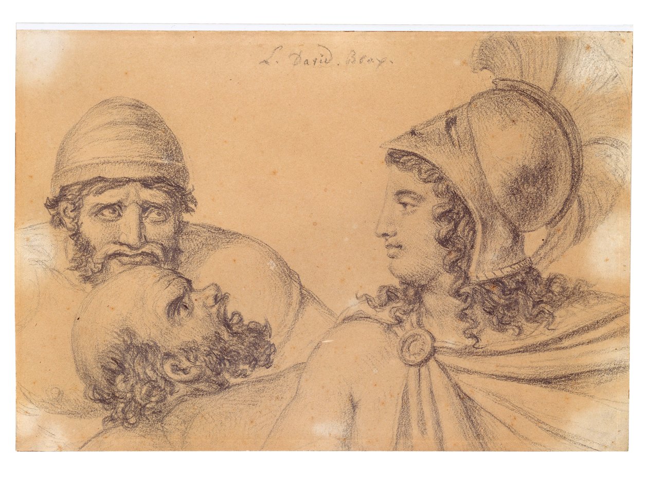 Hollanti: Soturi, jolla on kypärä ja kaksi parrakasta miestä Kypäräinen soturi ja kaksi parrakasta miestä. tekijältä Jacques Louis David