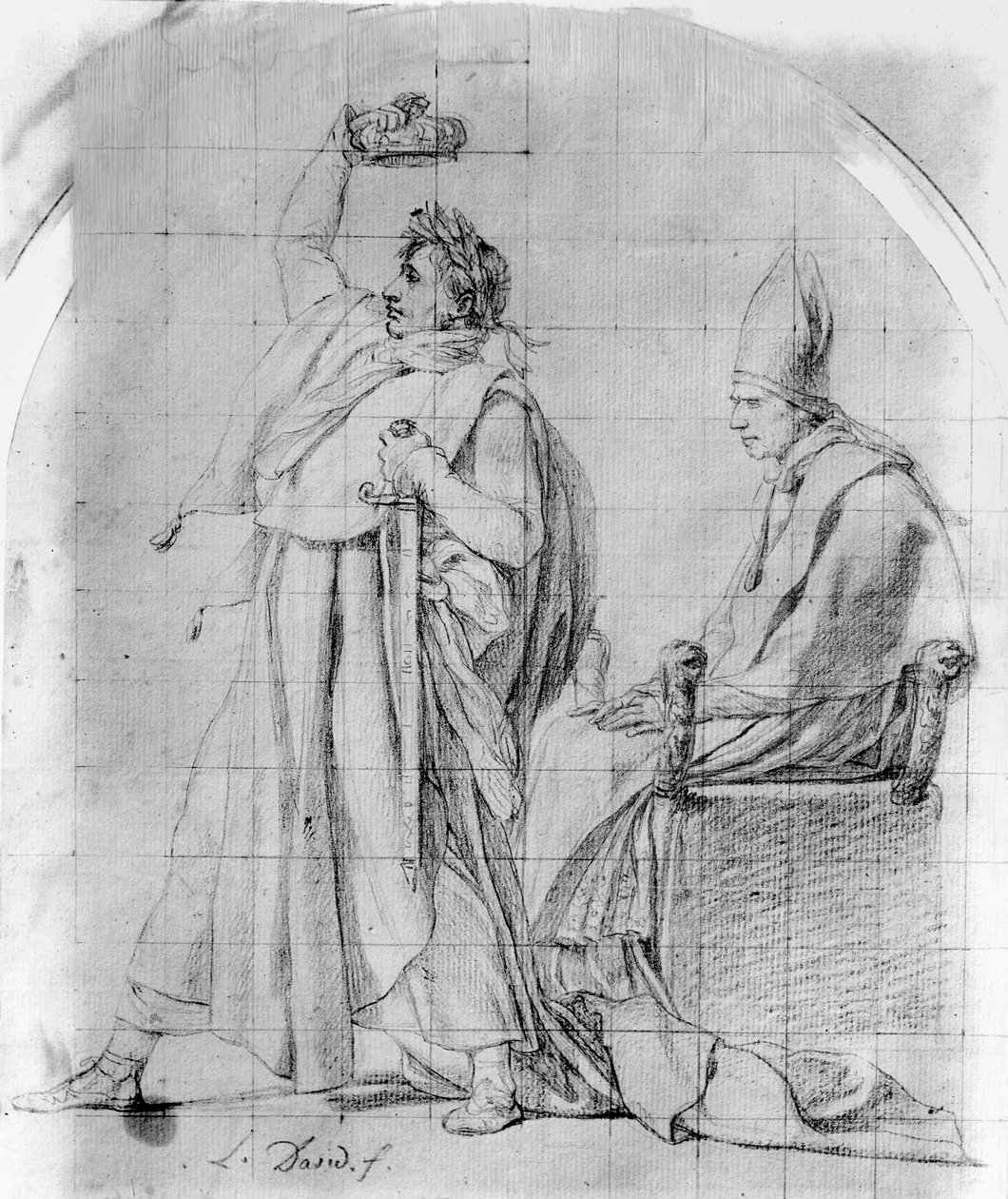Keisari Napoleon kruunaa itsensä, n. 1804/07 (kynä paperille, jossa musteen jälkiä) tekijältä Jacques Louis David