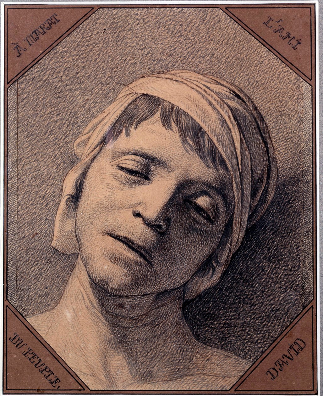 Tutkimus 13.7.1793 murhatun Jean Paul Maratin (1763-1793) pään luonnosta Jacques Louis Davidin (1748-1825) piirustus. Mitat 0,27 x 0,21 m Versaillesin linnamuseo tekijältä Jacques Louis David