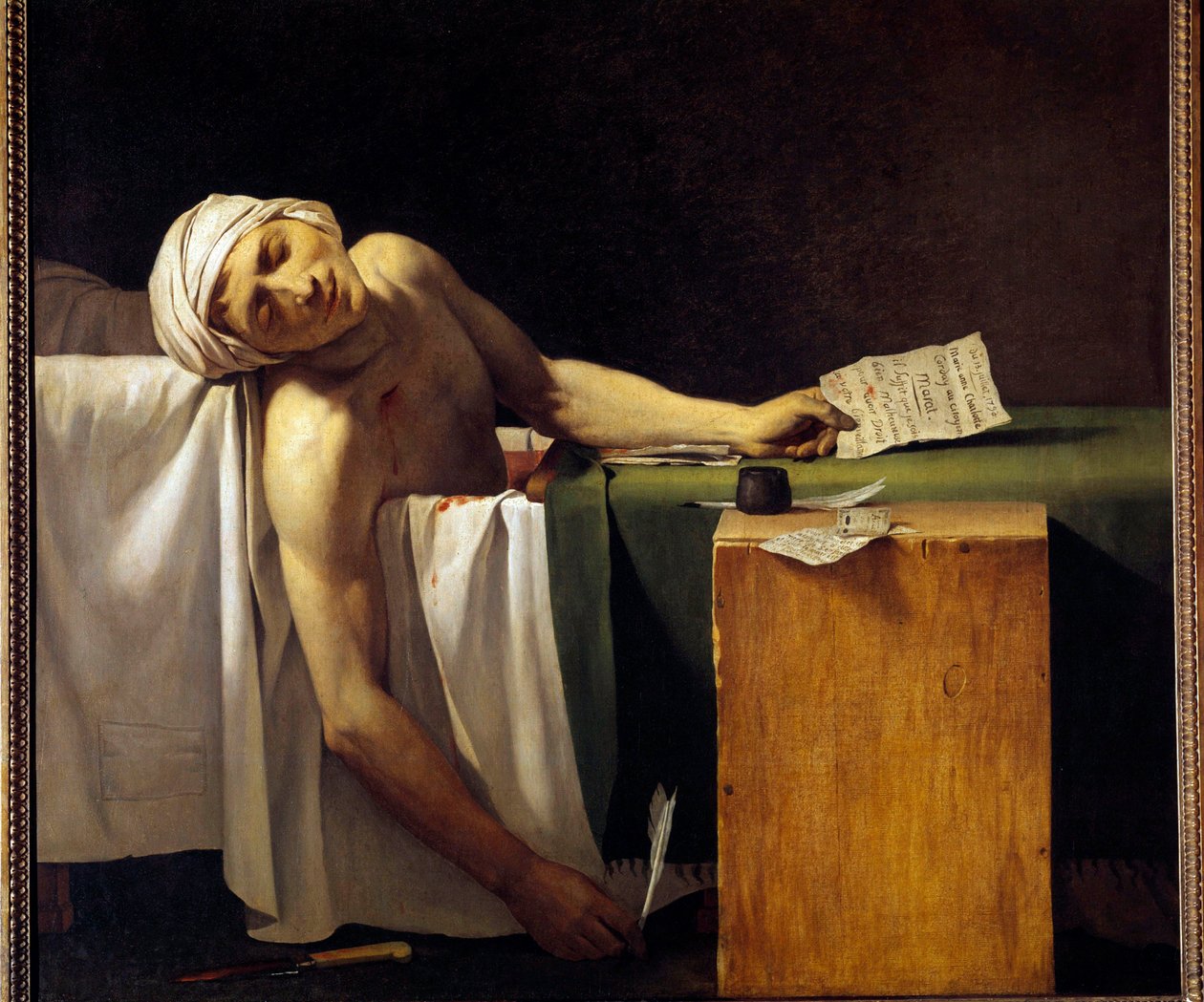 Ranskan vallankumous: "" Jean Paul Marat (1743-1793) murhattiin kylpyammeessaan 13.7.1793. Jerome Martin Langloisin (1779-1838), Jacques Louis Davidin työpajan jäsenen maalaus. 1800-luvulla tekijältä Jacques Louis David