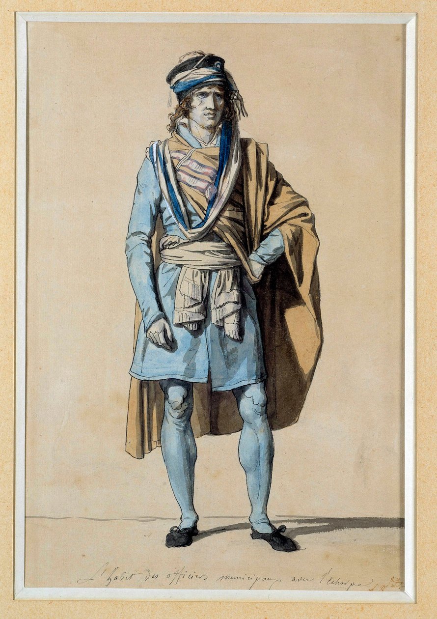Ranskan vallankumous: kansalaispukuprojekti 1793 "" Kunnan virkailijan mekko huivilla"" Akvarelli Jacques Louis David (1748-1825) Su. 0,3x0,2 m. Versailles, Versaillesin linnat ja Trianon tekijältä Jacques Louis David