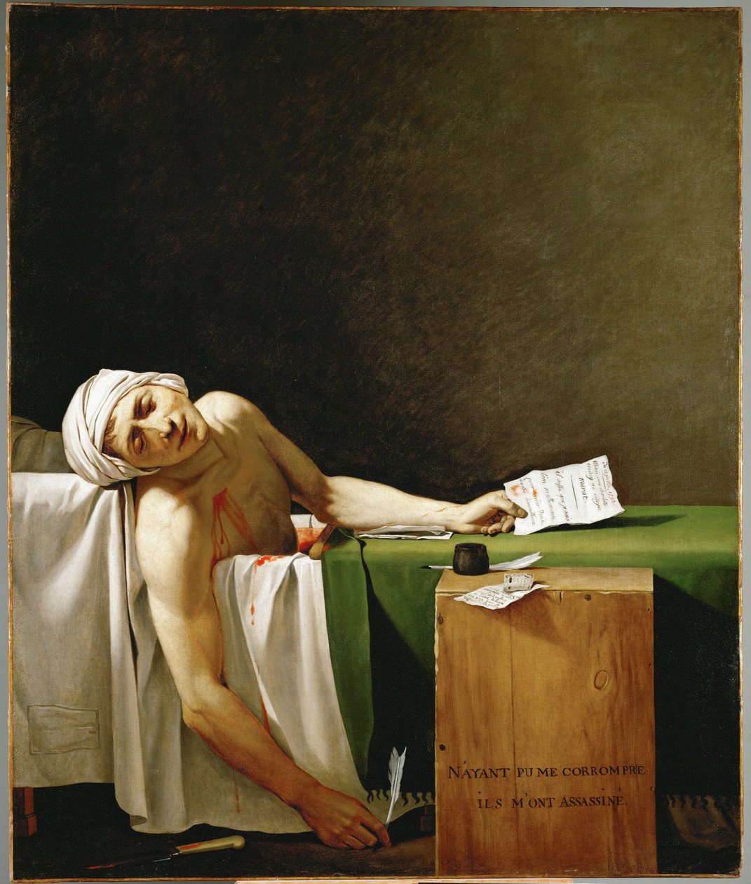 Jean Paul Marat, poliitikko ja tiedottaja, kuollut kylpyammeessaan, Charlotte Cordayn murhaama ... tekijältä Jacques Louis David