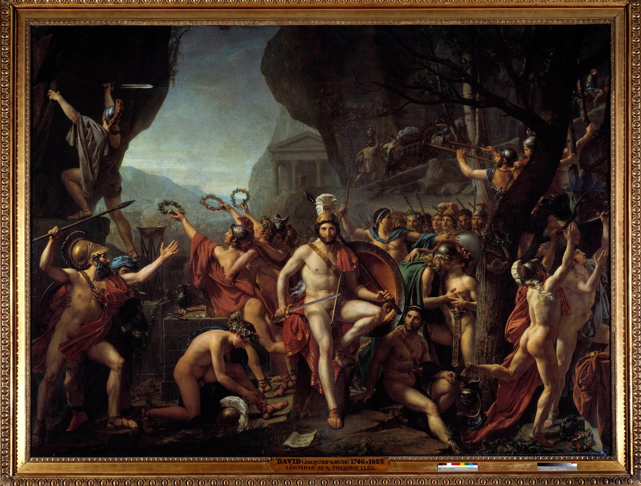Leonidas Termopyyleille Jakso Termopyylien taistelusta vuonna 480 eaa., vastustaen kreikkalaisia Xerxes I:n persialaisia, Leonidas I Spartan kuningas, kädestä pitäen, istuu kalliolla, lähellä Herkuleen alttaria, takana joukko Spartans etenee t tekijältä Jacques Louis David